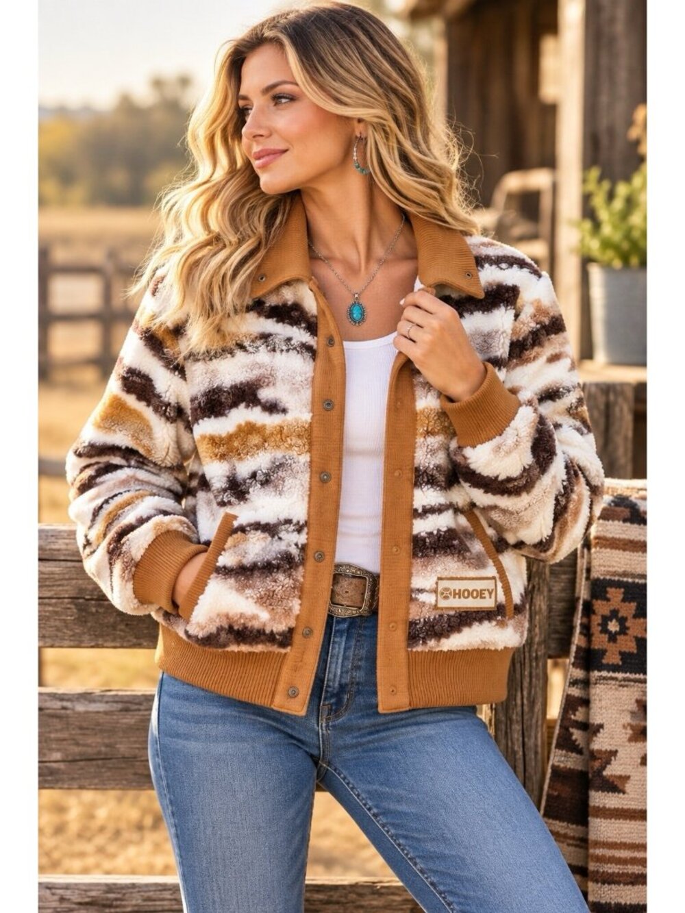Hooey Women’s Tan Multi Sherpa Aspen Print Bomber Jacket Zip-Up Size Small